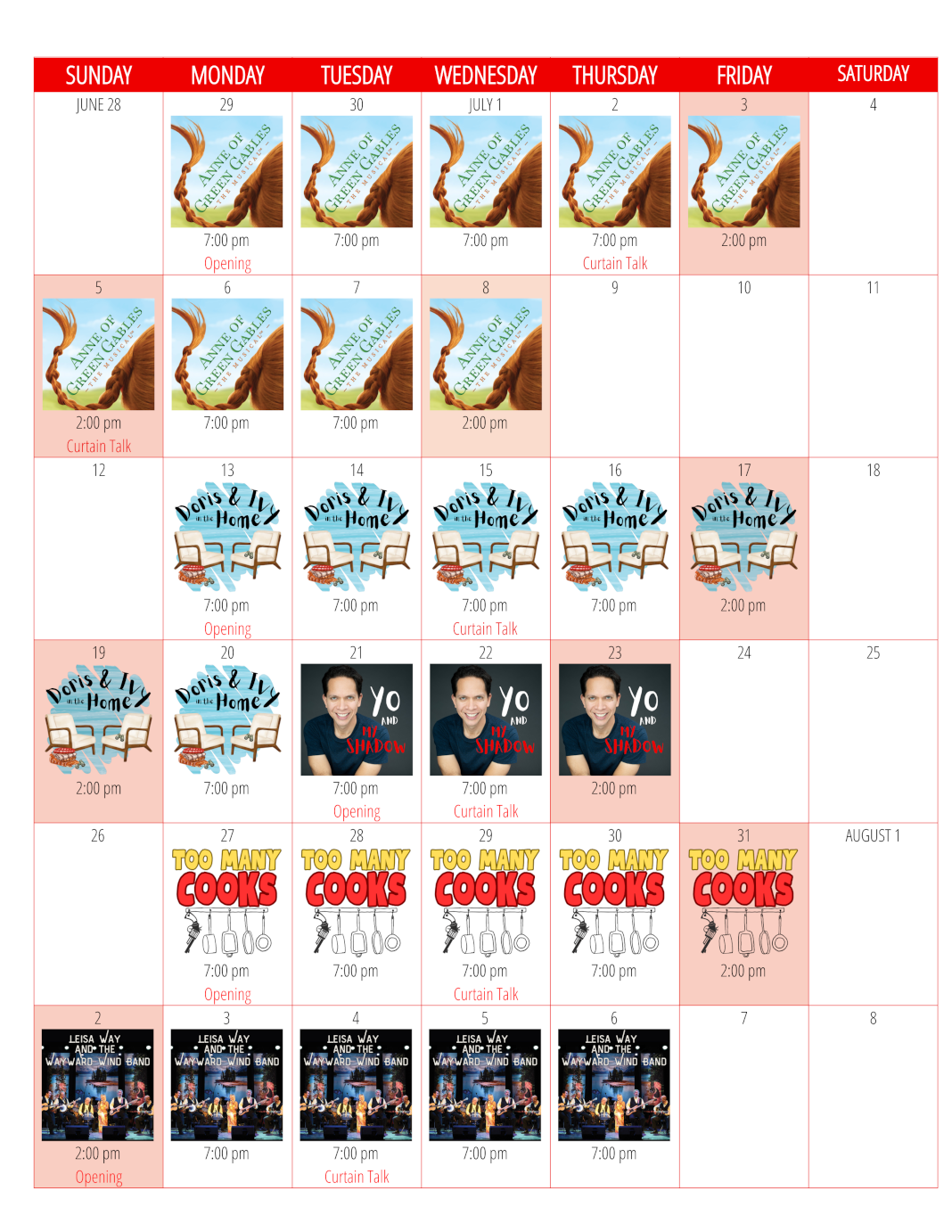 Calendar showing the performance dates and show posters for the 2026 season of the Highlands Summer Festival